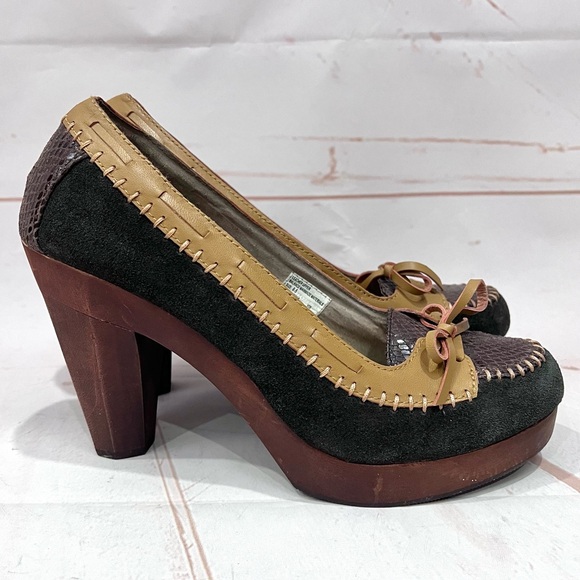 Very Volatile Chunky Leather Snakeskin Stitch Loafer Wooden Platform Heels - Picture 2 of 9